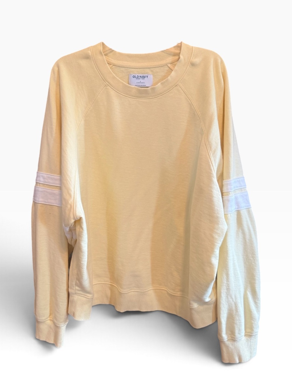 Old Navy Pale Yellow Crewneck Sweatshirt with Sleeve Stripes